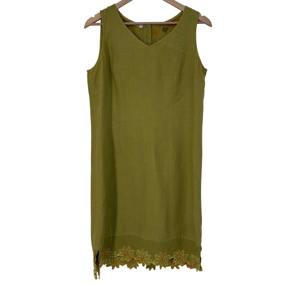 Pictures‎ Olive Green 100% Linen Embroidered Scalloped Hem Shift Dress Vintage M